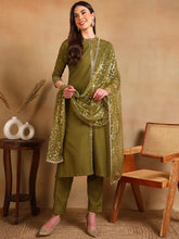 Women Olive Silk Blend Embroidered Straight Kurta Pant Set With Dupatta-PKSKD2372
